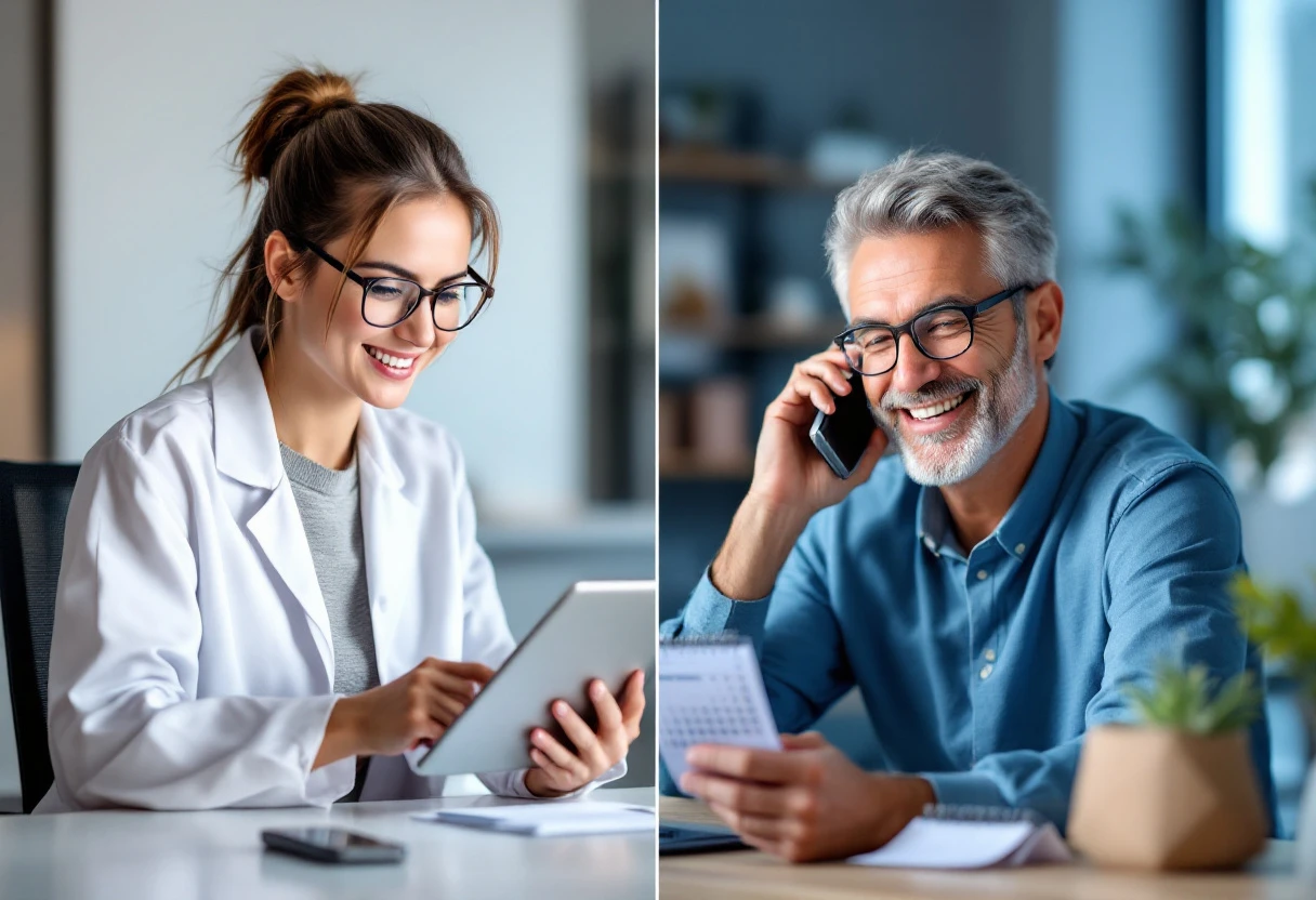 A split-screen image showing on one side a technician using a scheduling app on a tablet and on the other side a happy customer receiving a reminder call.