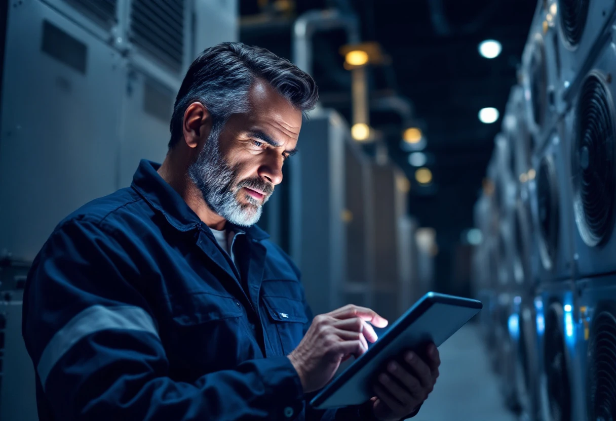 A technician assisting with HVAC systems, using a tablet to optimize scheduling and maintenance