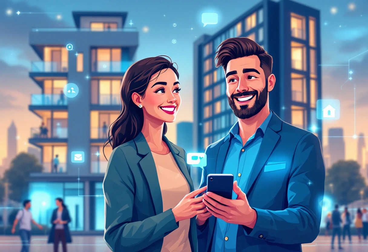 A graphical representation showing the benefits of using AI in customer follow-up, featuring a happy property manager connecting with prospective tenants through automated calls.