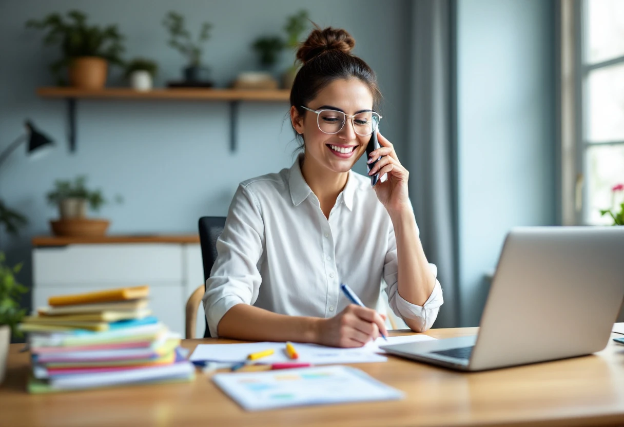 Image of a friendly property manager cheerful while making follow-up calls, with paperwork and a laptop in a bright office setting.