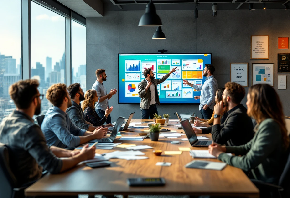 A vibrant office space showing a team brainstorming follow-up strategies with charts and analytics on a screen.