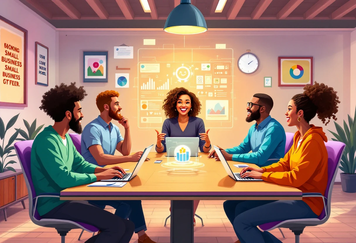 A vibrant illustration of small business owners interacting with AI technology in their operations, showcasing personalized engagement and brand identity.