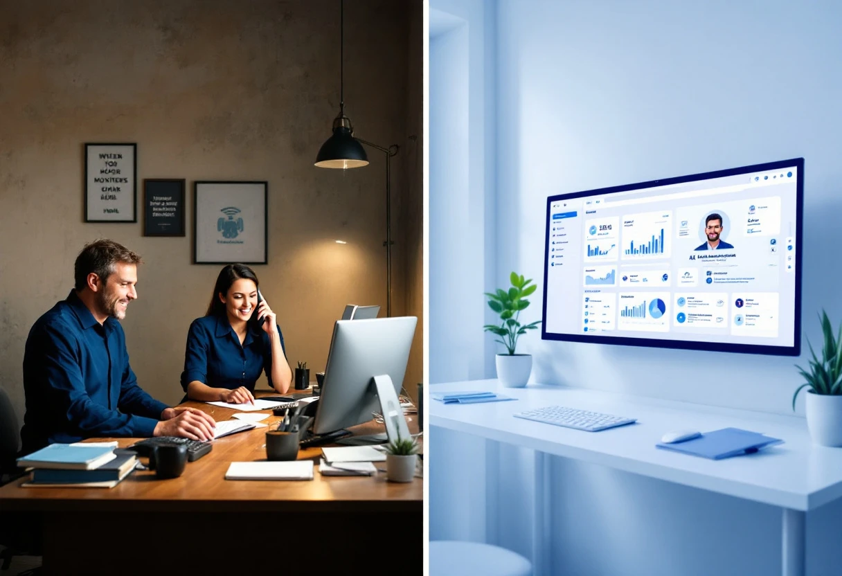 An image depicting a split-screen comparison: on one side, a busy traditional office with human receptionists handling calls; on the other side, a sleek, modern workspace with an AI receptionist interface displaying analytics and customer interactions.