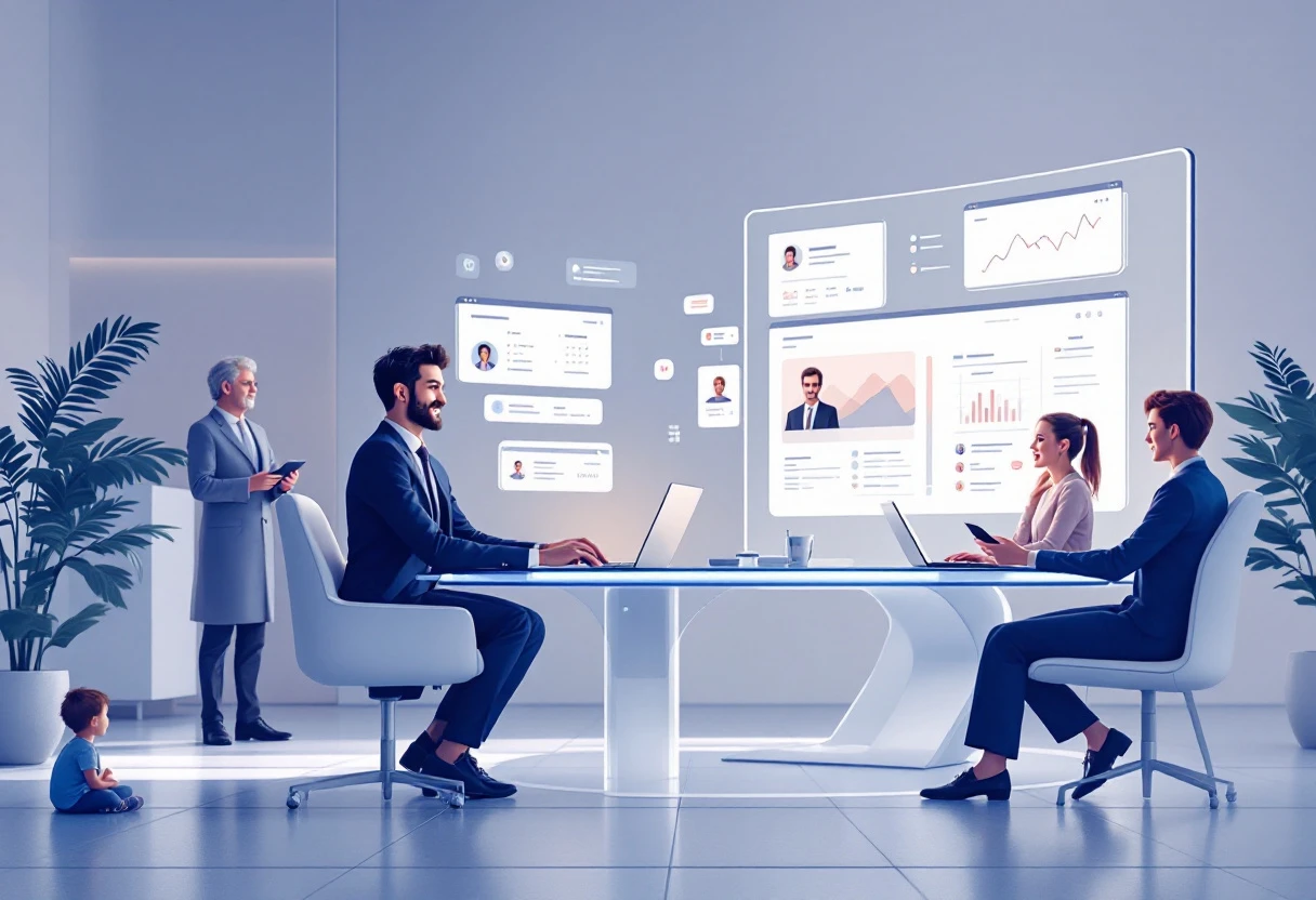 Illustration showcasing AI interaction with customers through various devices, highlighting its efficiency and modern approach.