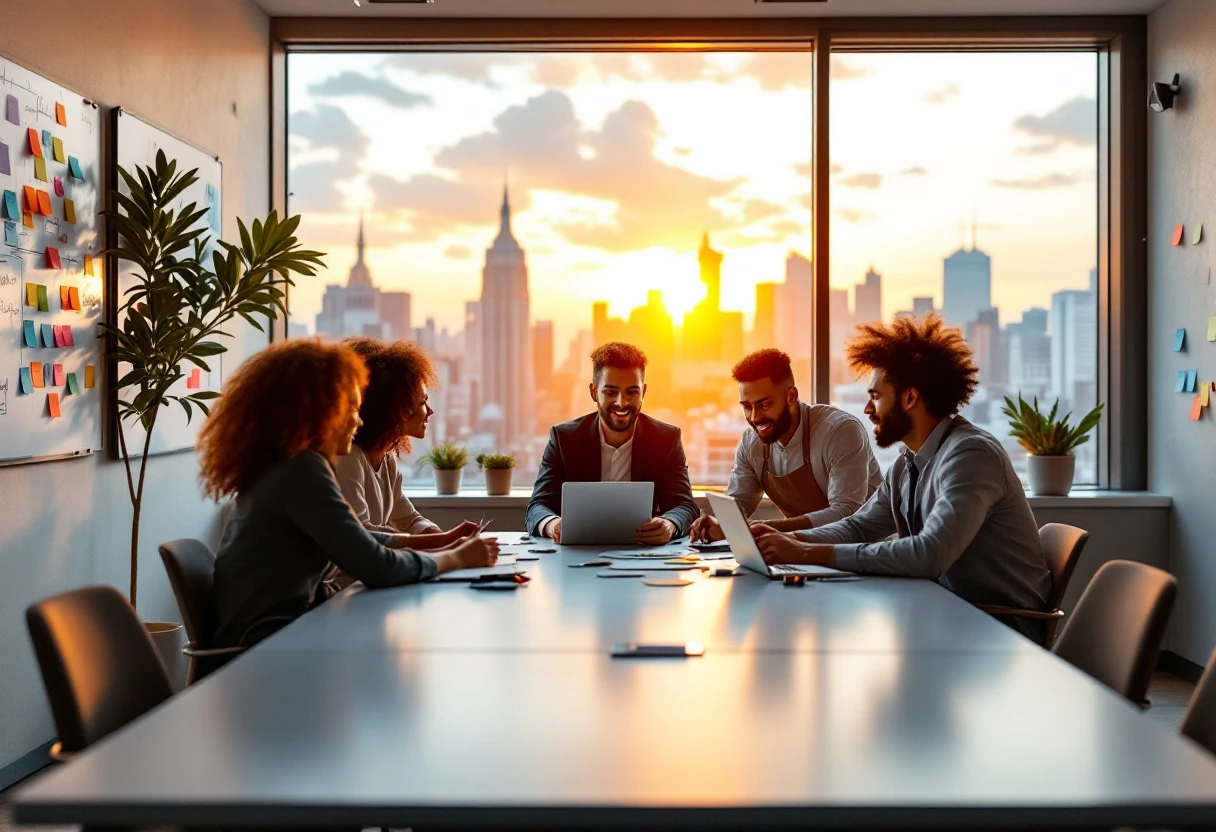 A creative visualization of a team brainstorming different pricing models and subscription strategies over a modern workspace.
