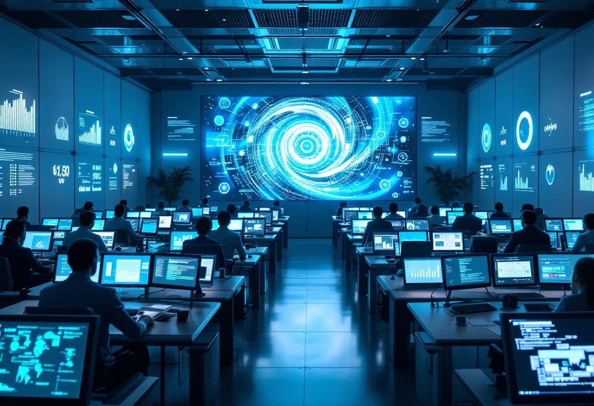 A busy call center with a modern AI interface displaying call data and client interactions