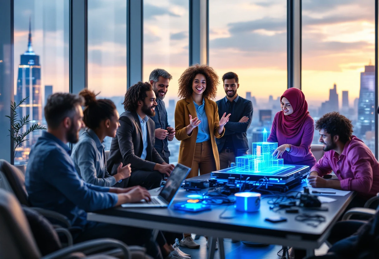 An illustration showing a diverse group of professionals collaborating in a modern office space, integrating AI solutions into their services.