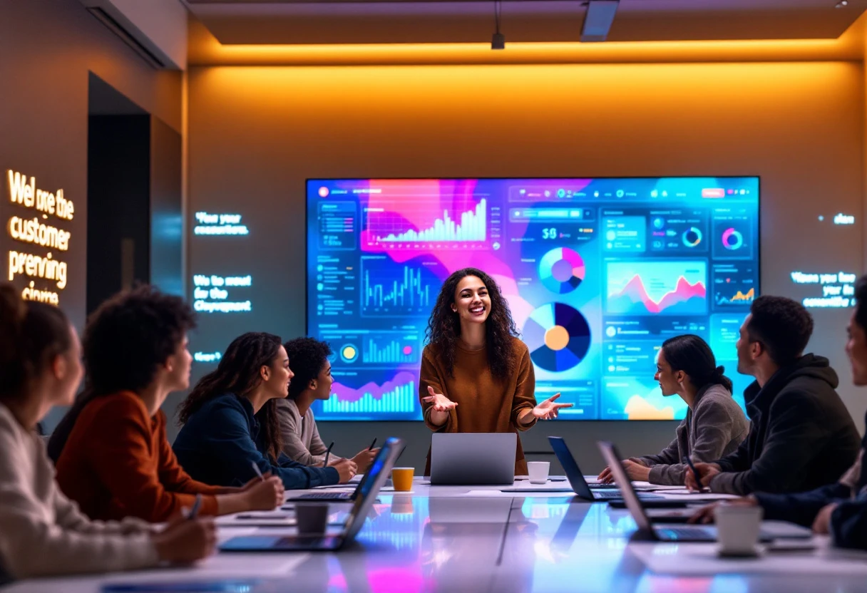 A vibrant workspace showing an AI-powered customer service dashboard, depicting training in action with engaged learners and lively discussions.