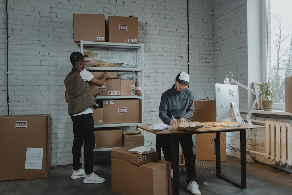 A sleek warehouse setup showing organized categories of returned items for classification in a modern inventory system.
