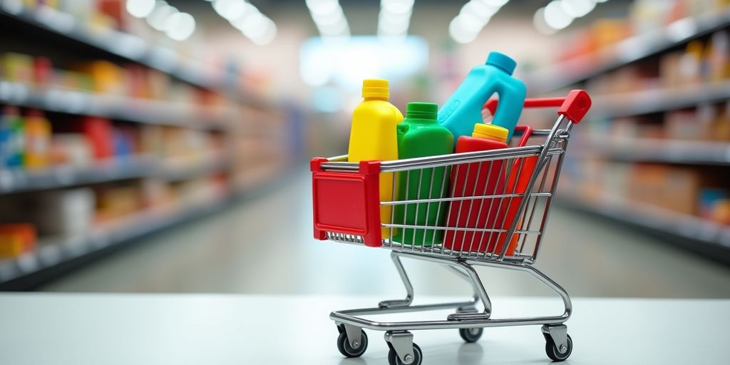 Photograph of a filled shopping cart in a store.