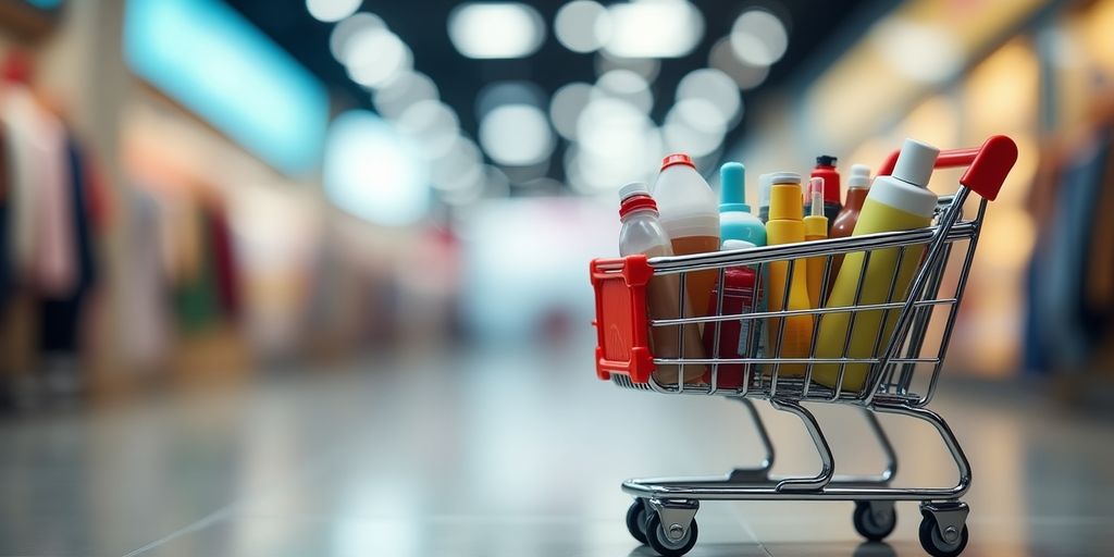 Shopping cart filled with products in retail store.