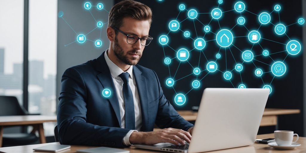 Businessperson with laptop and virtual assistant icons.