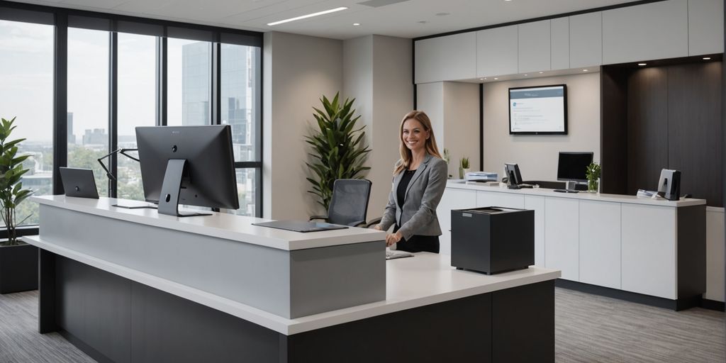 Modern office with receptionist and automated system.