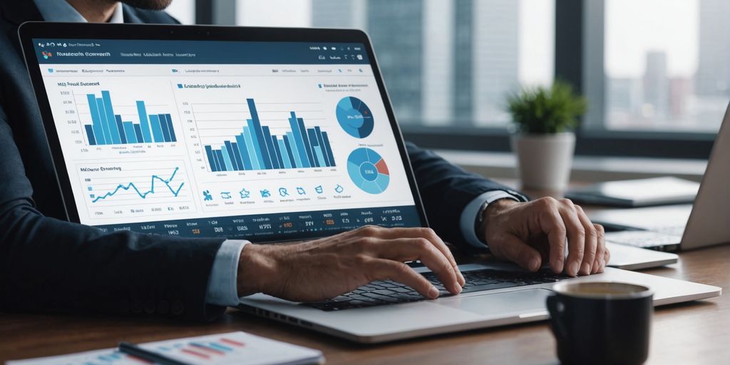 Businessperson using virtual assistant software with profit charts.