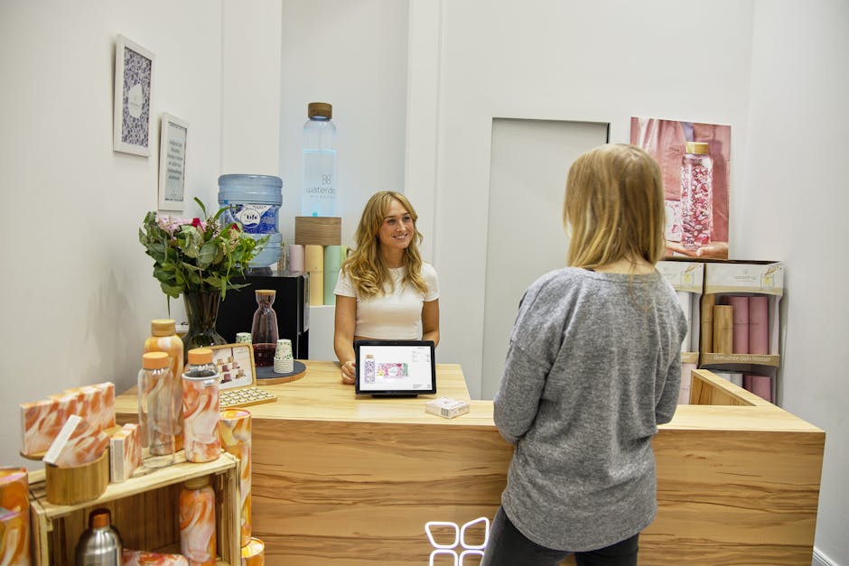An engaging AI receptionist interacting with a customer in a bright, welcoming yoga studio setting.