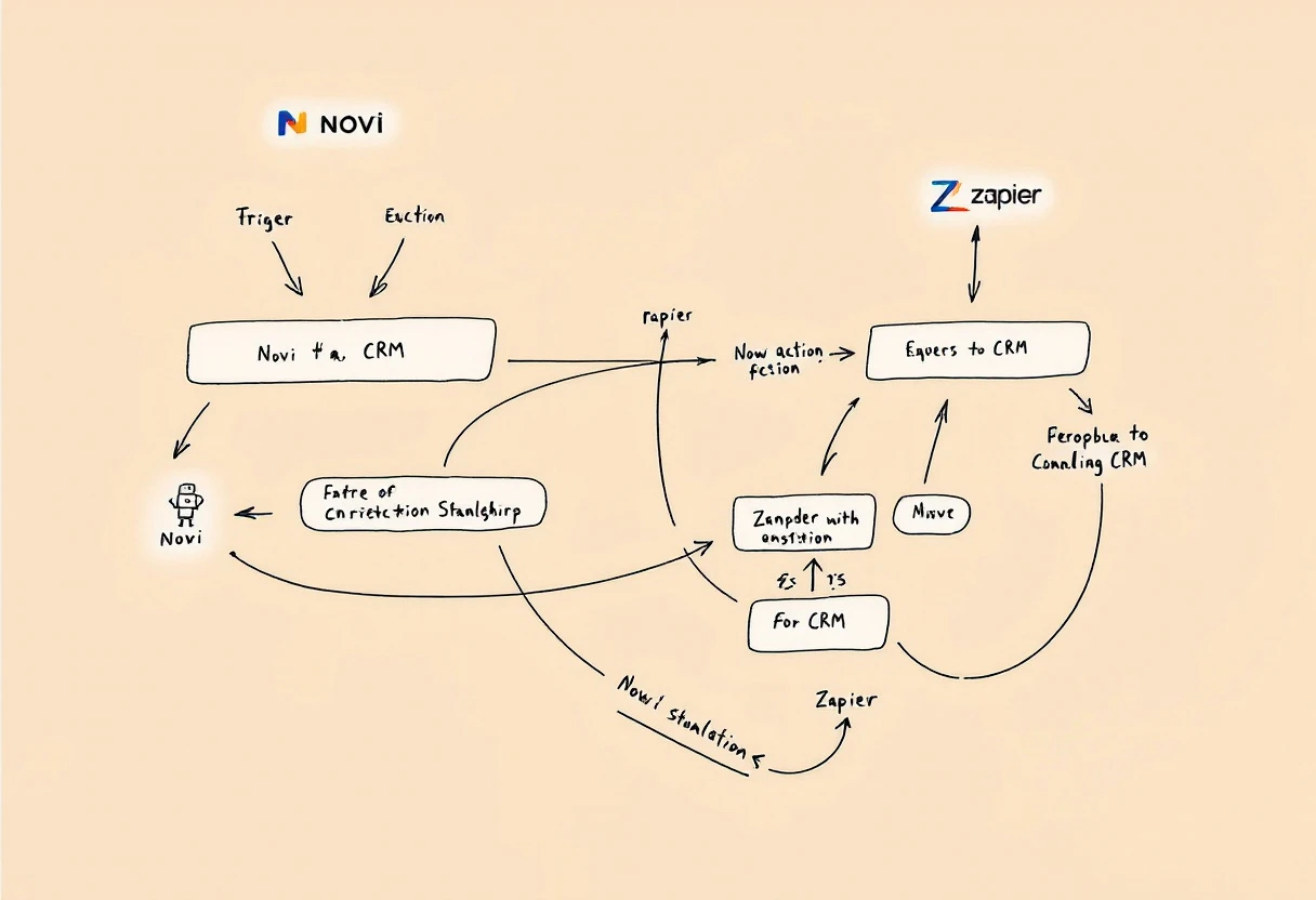 An illustrated flowchart showing the integration process between Novi and a standard CRM through Zapier.