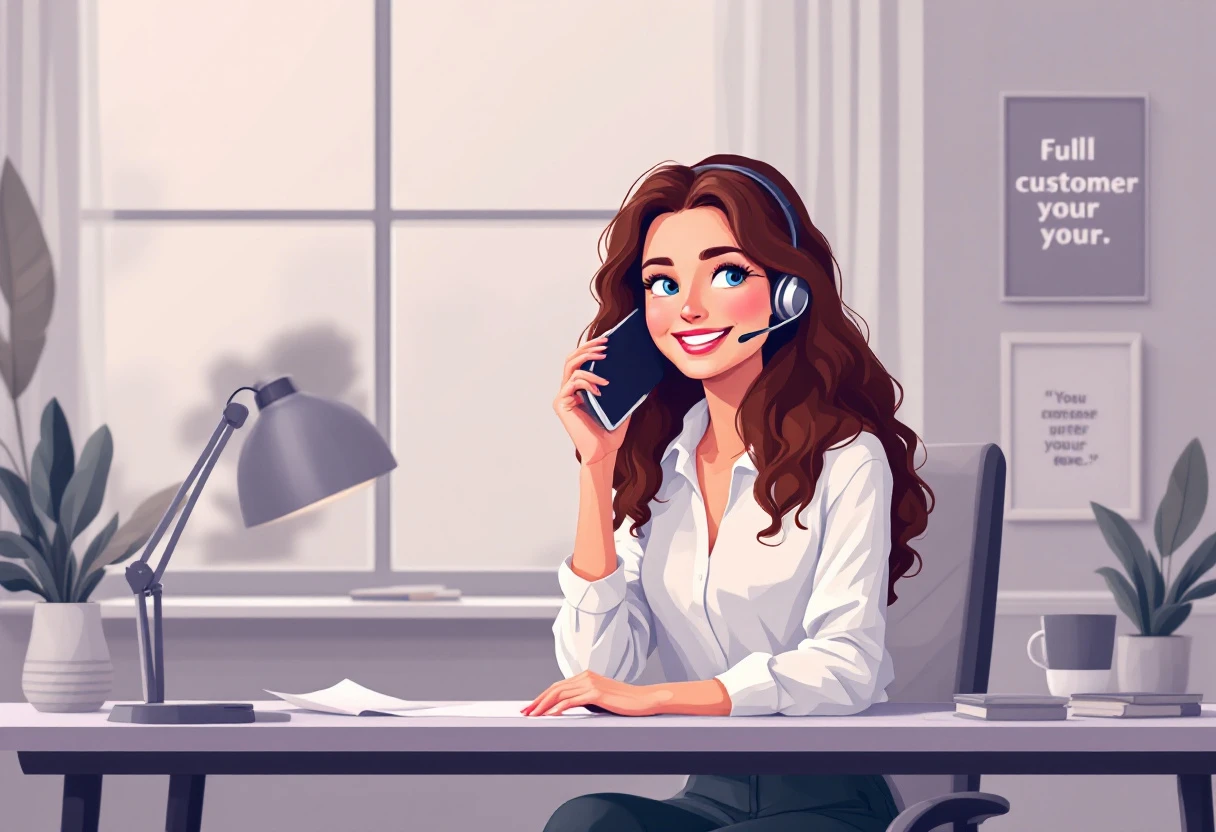 Illustration of a smiling customer service representative on a phone, depicting friendly AI interaction