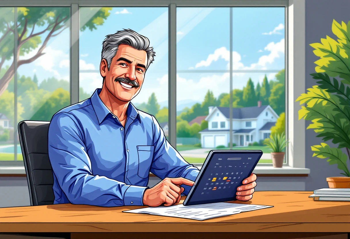 A vibrant graphic depicting a home inspector using a tablet, surrounded by client appointments spread across a calendar interface, illustrating streamlined scheduling