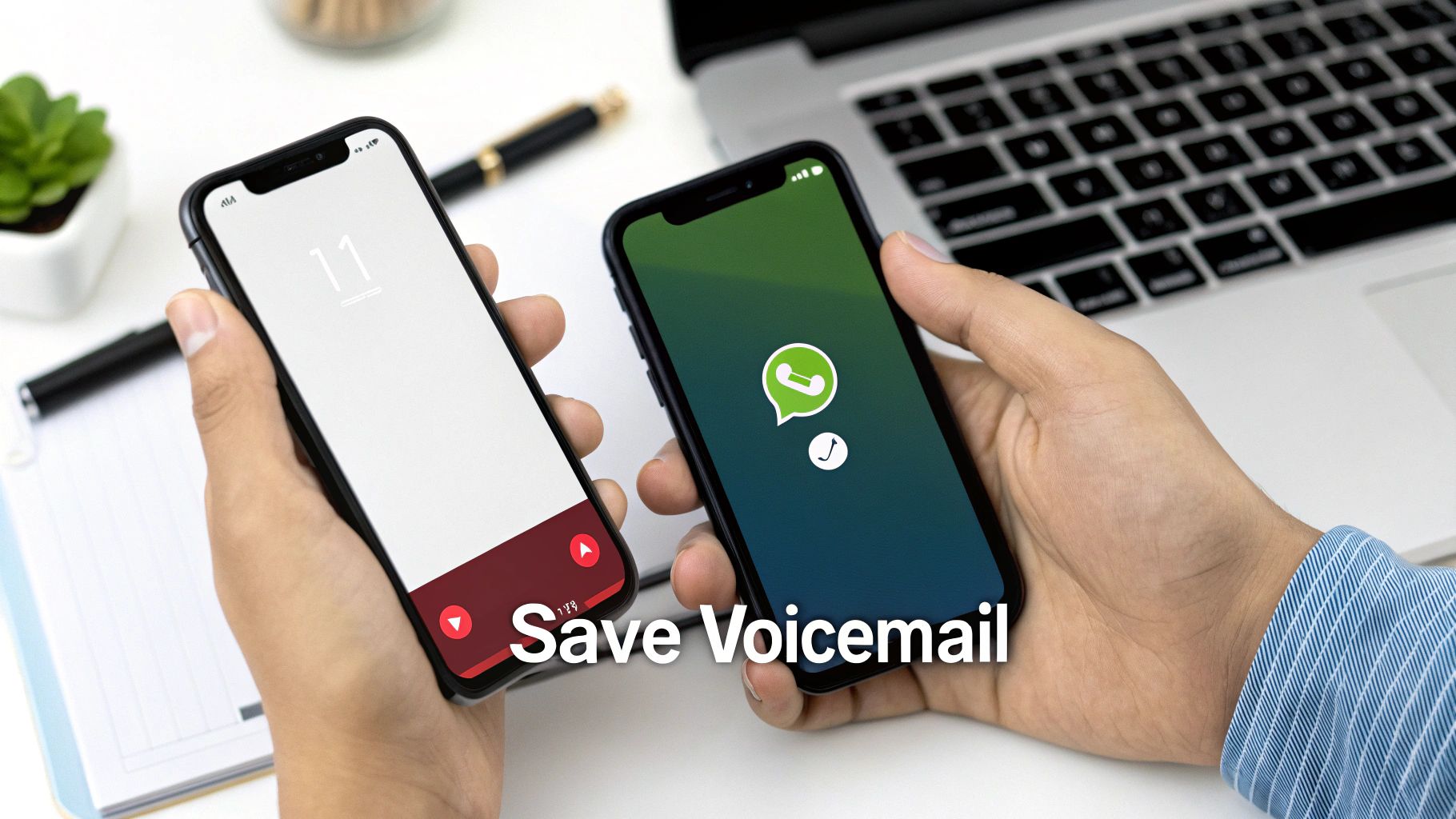Hands holding two smartphones, one showing a call screen, the other WhatsApp with a save icon, text 'Save Voicemail'.