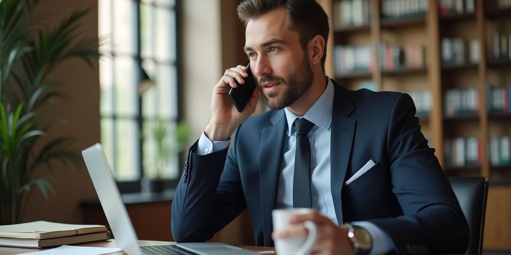 Lawyer on the phone in a professional office setting.
