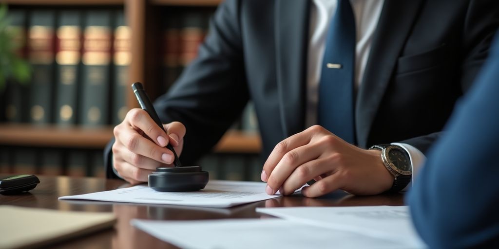 Person on phone in a legal office setting.