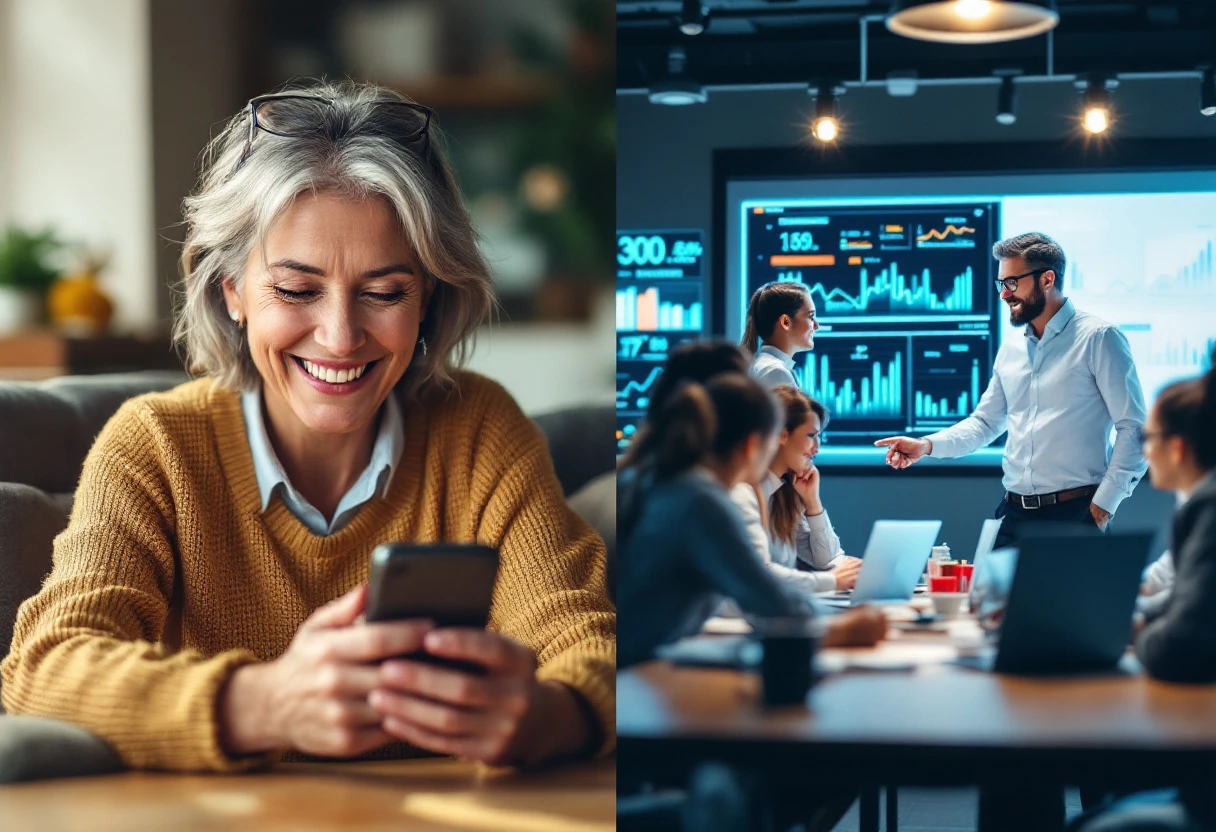 A split-screen image showing a satisfied customer on one side receiving a call and a business team analyzing data on the other side