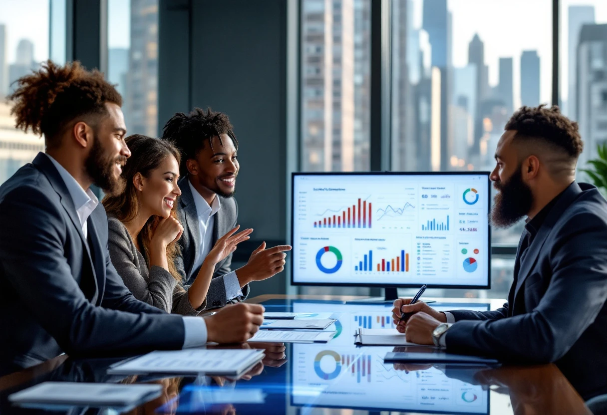 An image depicting a diverse team strategizing over a digital device with graphs of lead generation success in the background.