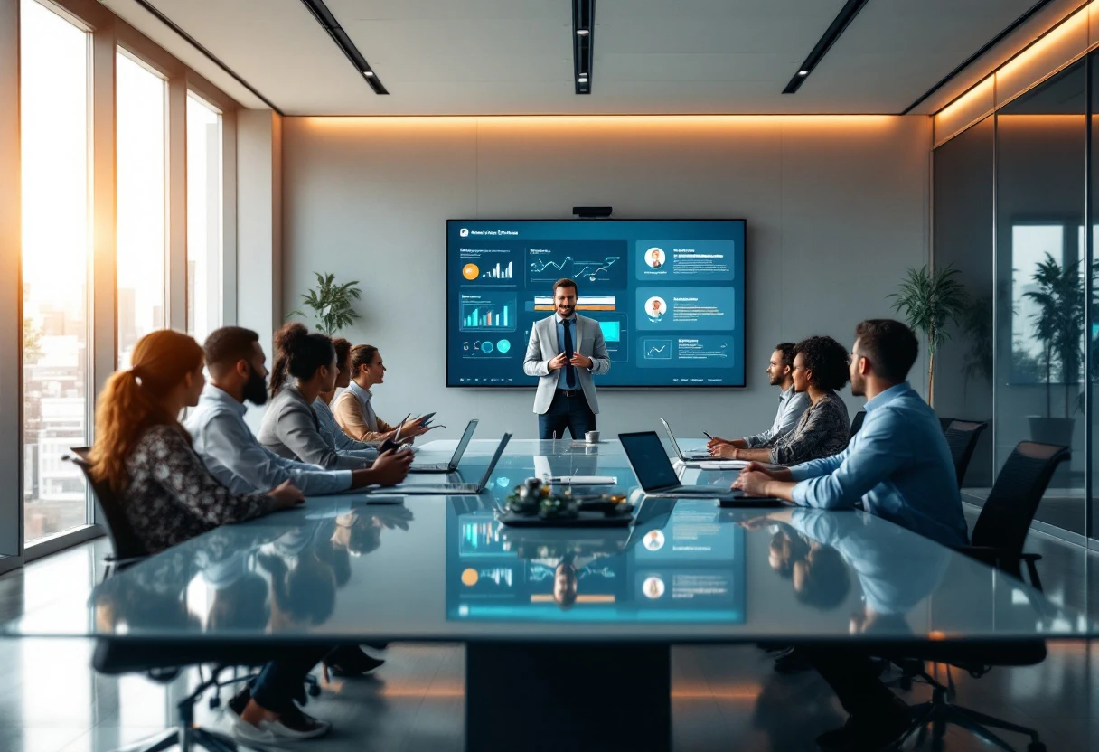 A vibrant office setting where a sales team is actively engaged using smart technology for communication with customers.