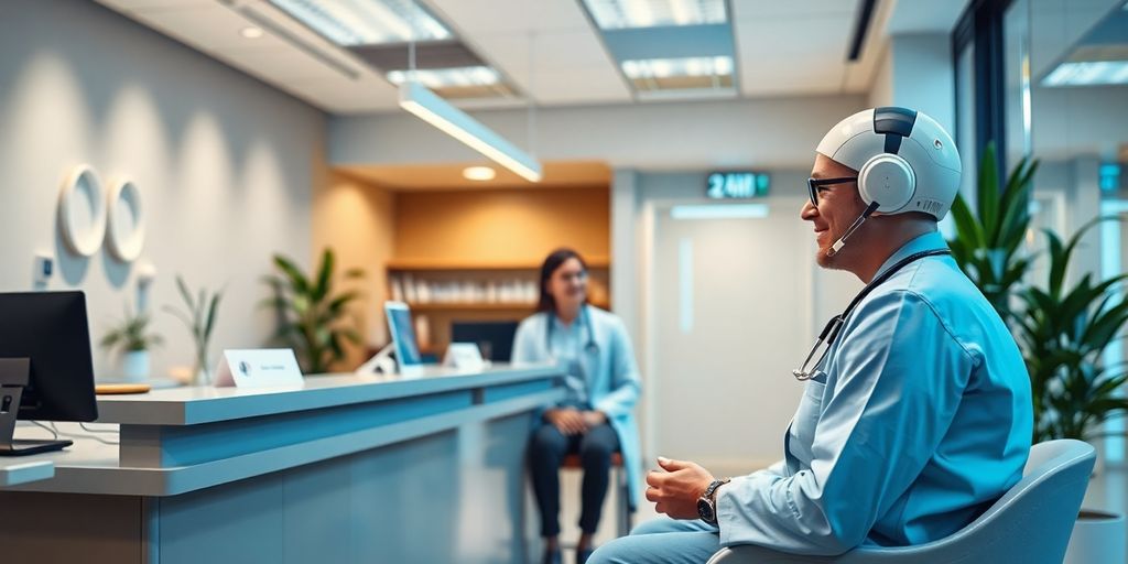 AI assistant in a medical reception area with patients.