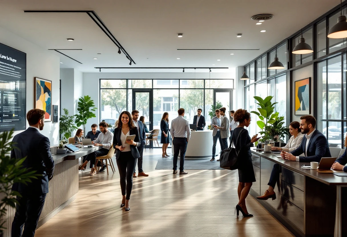 A law office bustling with activity, showcasing modern technology, with a focus on friendly reception interactions between clients and staff.