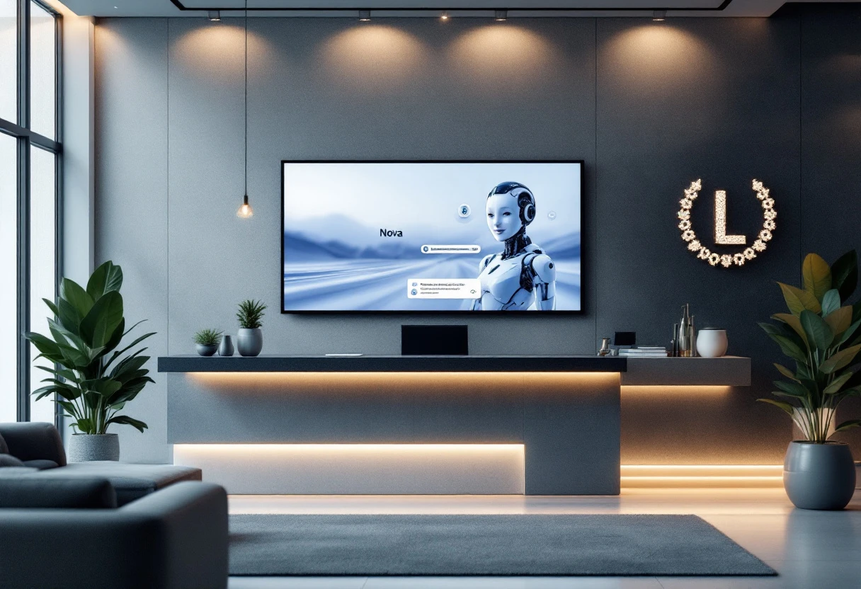 A creative and modern workspace showcasing a law firm utilizing AI receptionist technology on a sleek desktop interface.