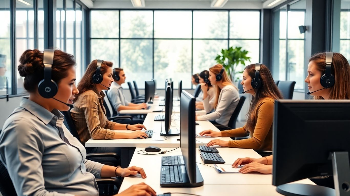 Busy small business call center with agents at desks