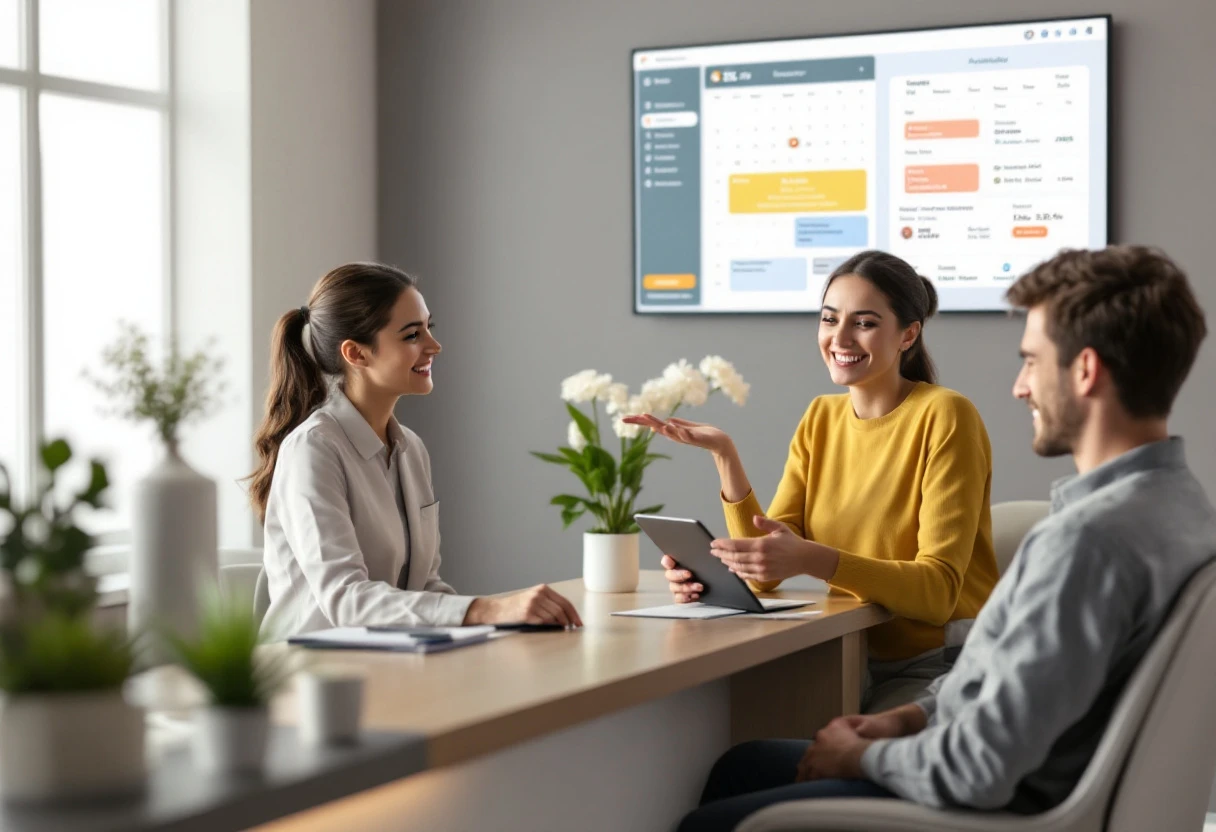 An image depicting a dental office with a modern digital scheduling interface and a relaxed patient discussing options with a receptionist.