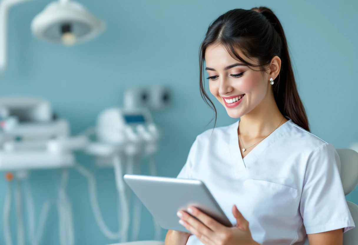 Image of a dental assistant using a tablet to send reminders to patients about their upcoming appointments.