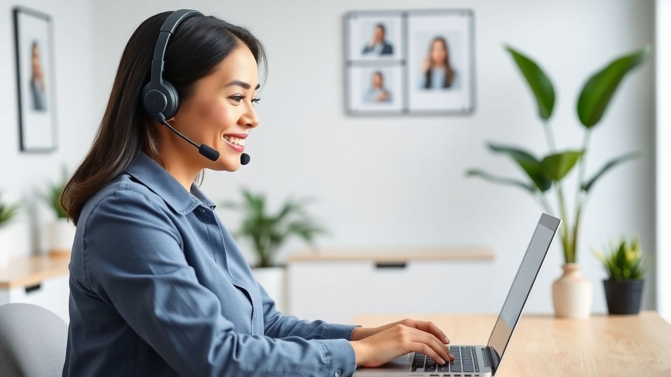 Smiling receptionist in headset working from modern home office.