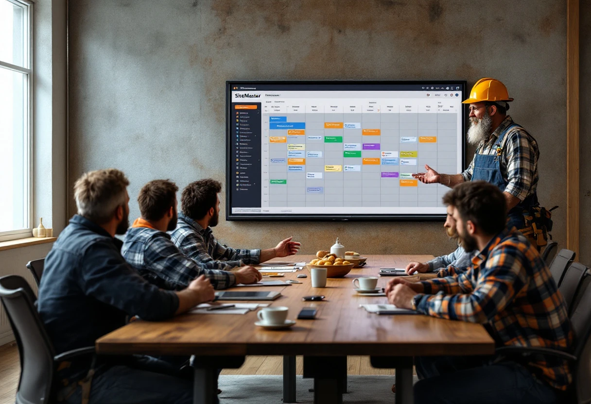 A contractor team meeting with digital scheduling tools displayed on a screen.