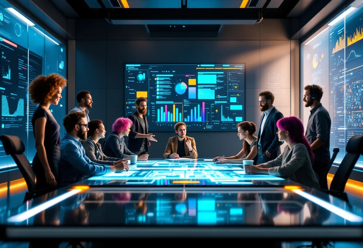 A team collaborating on contractor scheduling with a digital interface