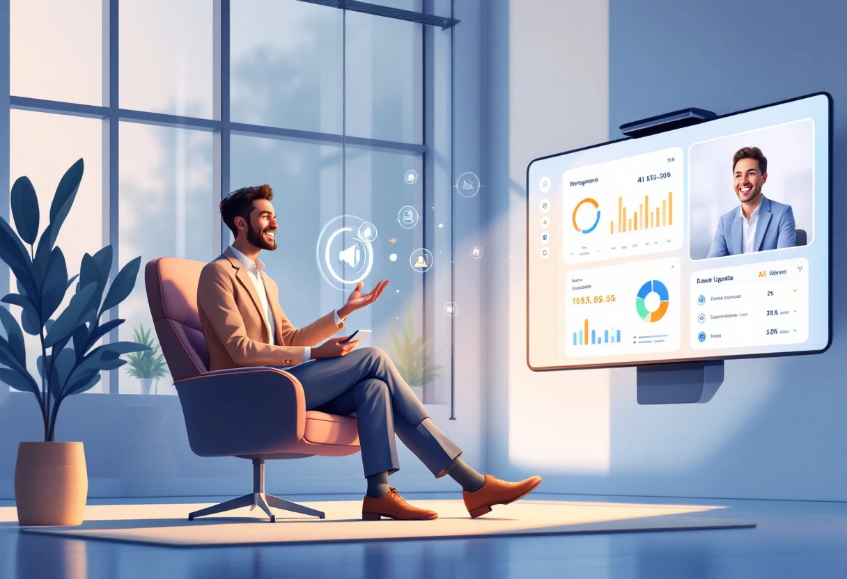Illustration of a mortgage advisor communicating over an AI-powered voice interface with clients receiving real-time application updates on their devices.