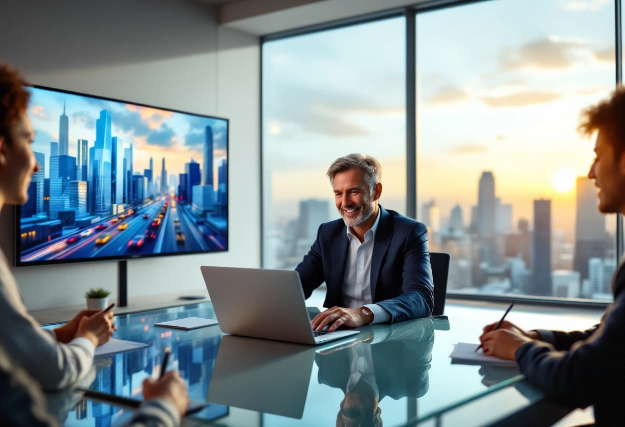 A modern workspace featuring a mortgage advisor engaging with clients using mobile and desktop technology for real-time updates.