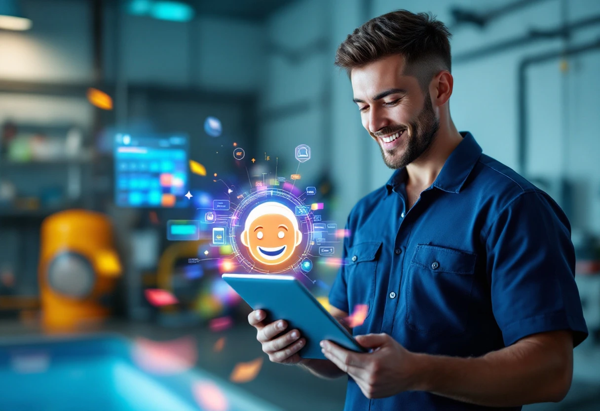 An engaging image showing a pool service technician interacting with an AI tool for scheduling appointments, illustrating modern technology in customer service.