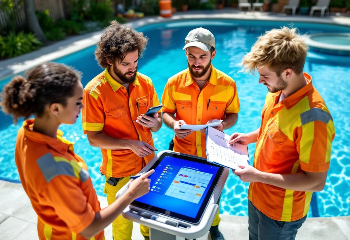 An image depicting a busy pool maintenance crew efficiently managing their schedule using a digital tool, showcasing the importance of technology in enhancing service delivery.