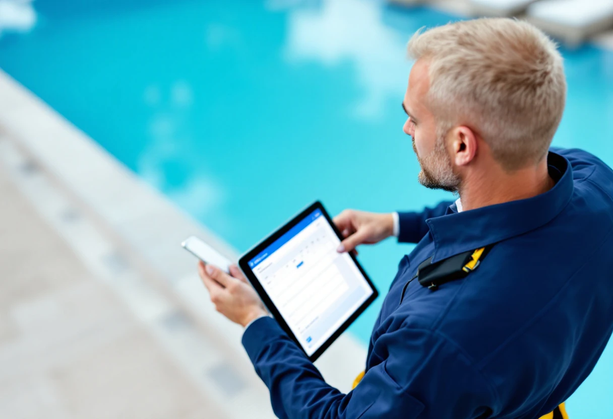 Image of a busy pool maintenance professional on the phone, coordinating schedules and showcasing tech-driven solutions like scheduling software on a tablet.