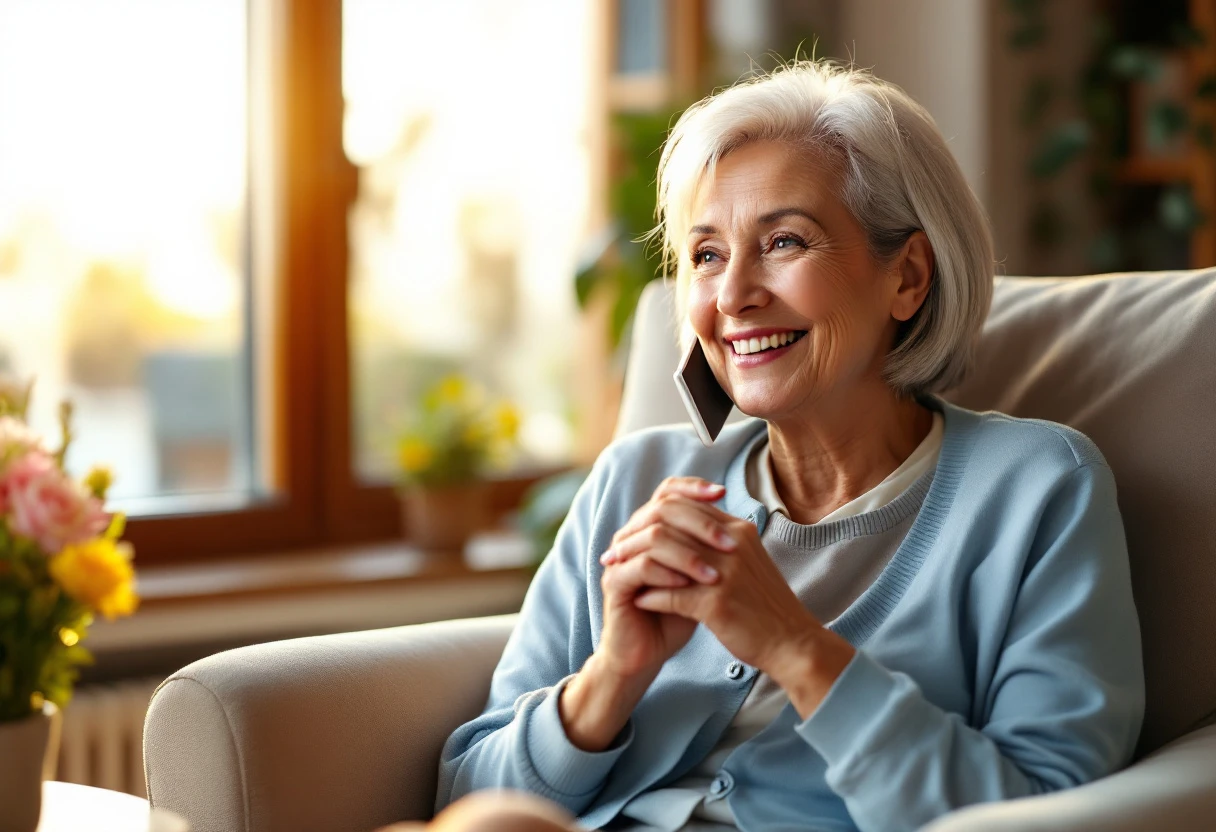 A cheerful elderly person speaking on the phone, visibly relaxed and engaged during a conversation, showing the positive impact of automated calling systems in senior care.