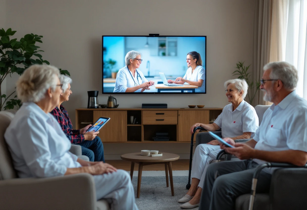 A group of elderly clients engaging in a video call with a caregiver, showcasing the personalized and technology-driven interaction in senior care.
