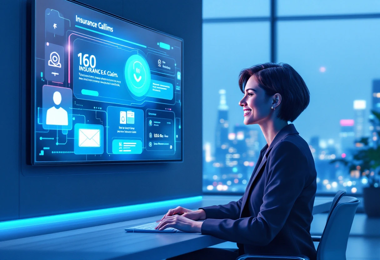An illustration showing a modern automated call system at work, featuring a customer receiving timely updates about their insurance claims through a digital interface.