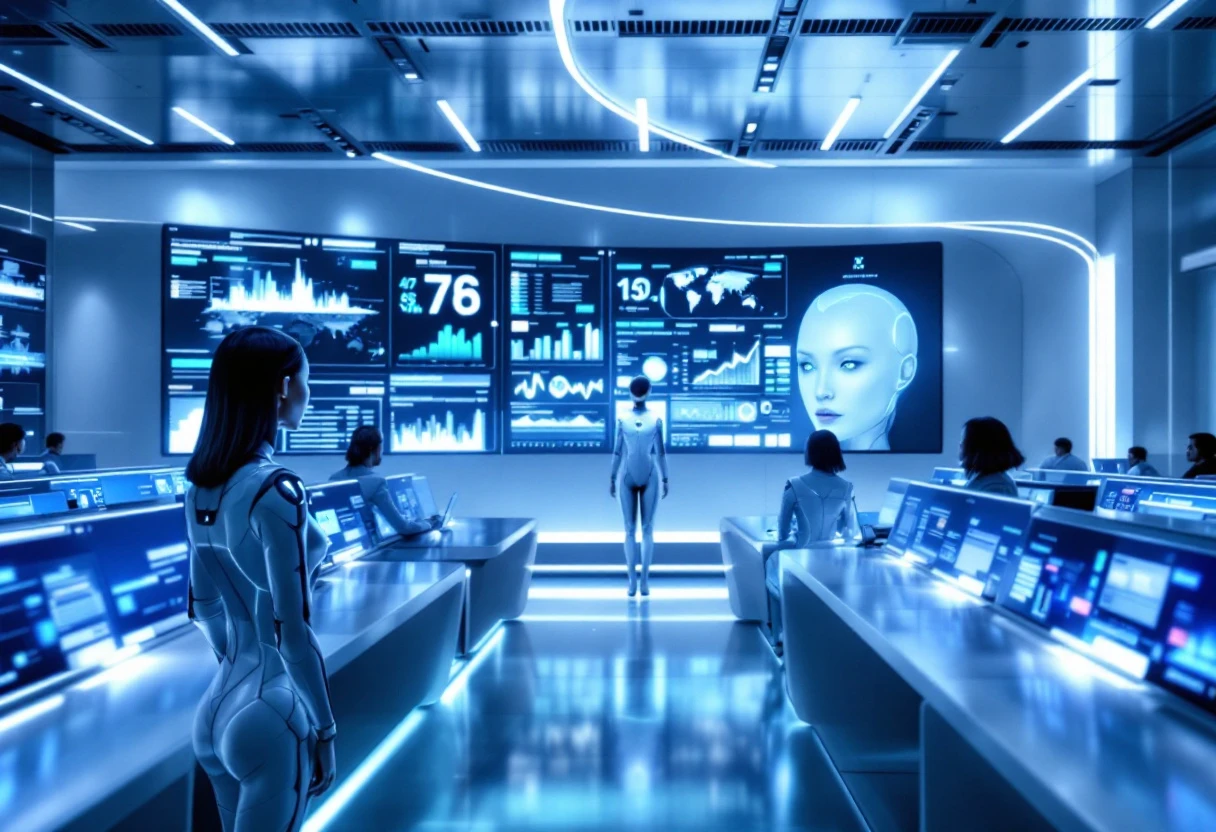 Image depicting a futuristic office with AI assistants engaging with customers through voice recognition technology and data analytics displays.