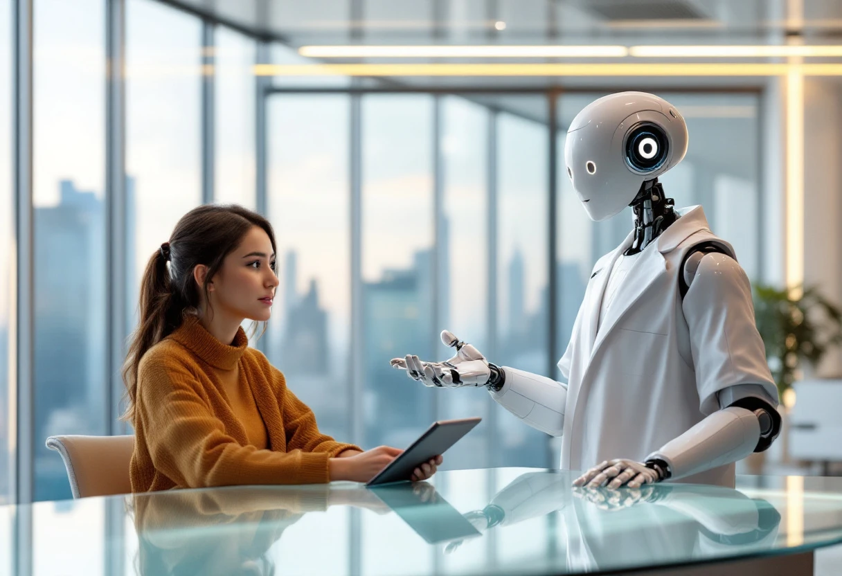 This image could feature a visualization of AI technology enhancing customer service, perhaps showing a friendly robot interacting with a customer in a modern office setting.