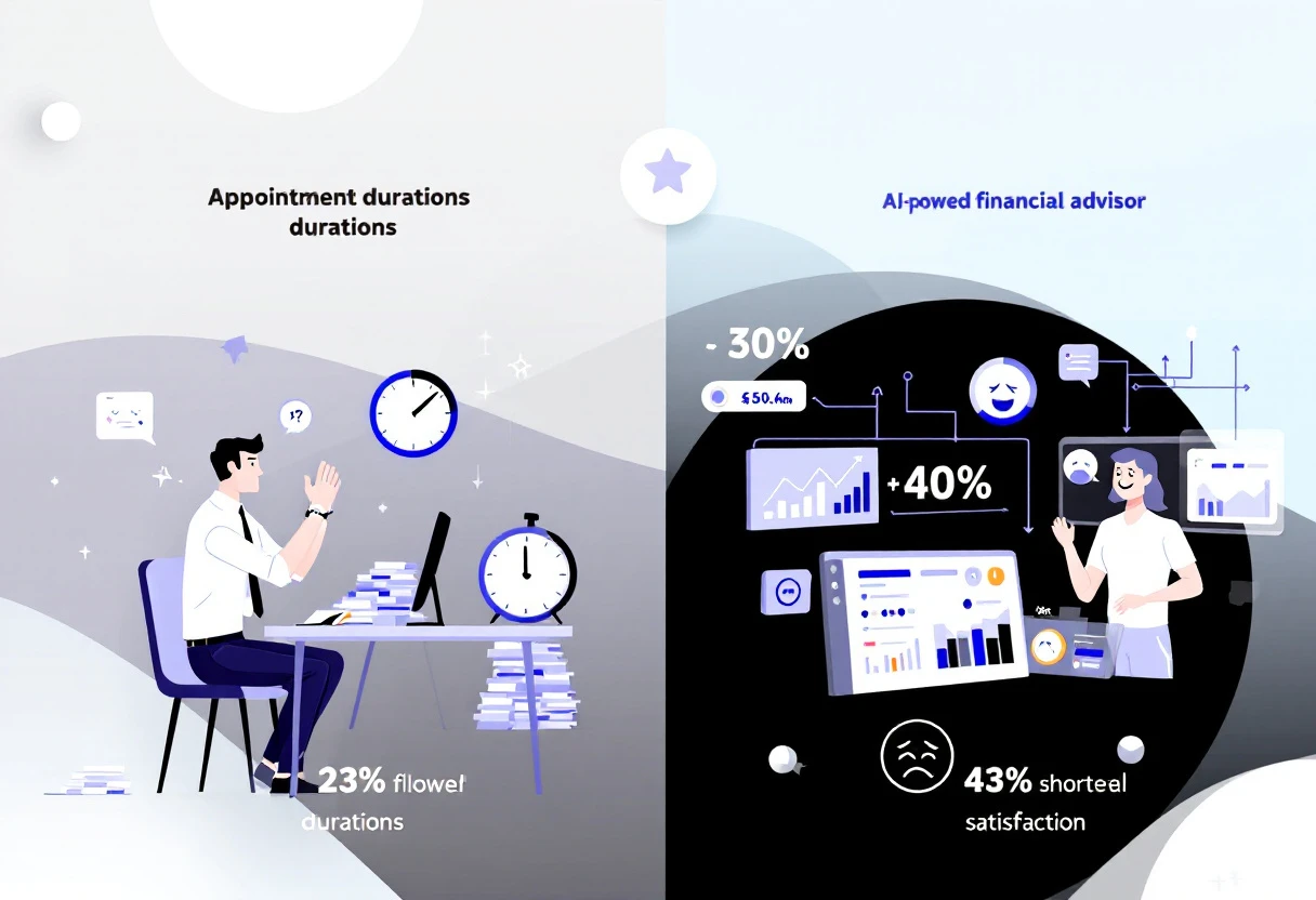 A visually engaging graphic showing a comparison of appointment durations and client satisfaction ratings before and after AI implementation in a financial advisory setting.