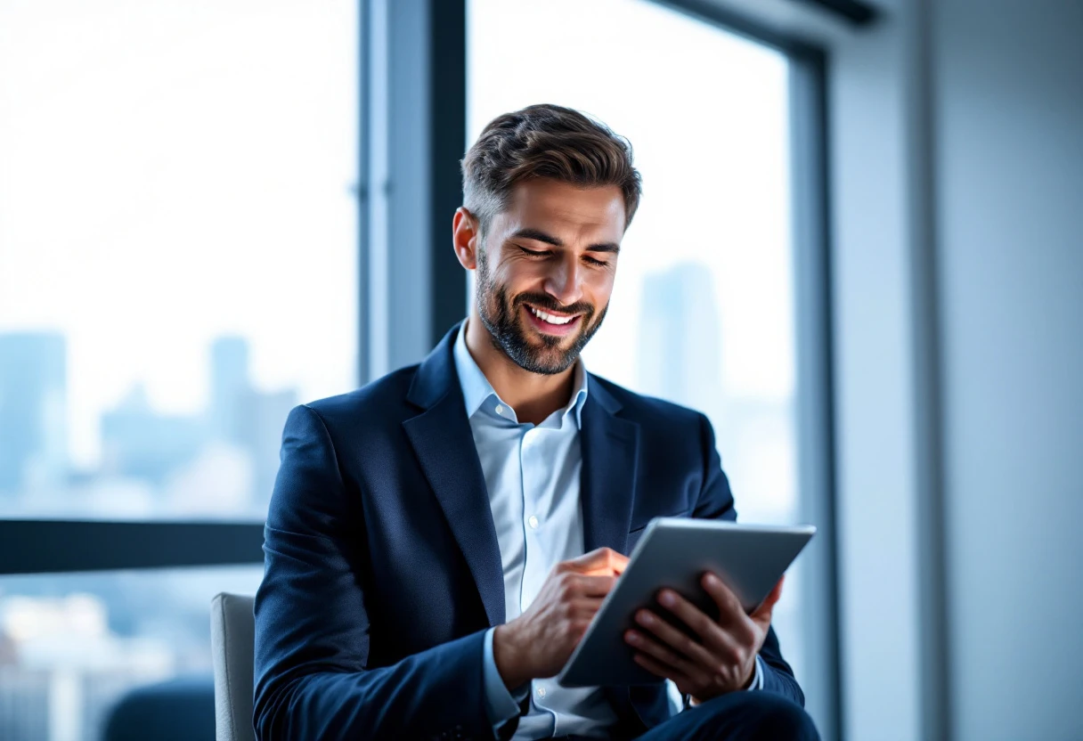 Visual representation of a financial advisor using AI technology to schedule appointments, with an engaging interface displayed on a tablet.