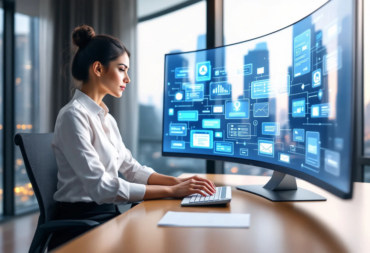 A sleek, modern workspace showing a professional engaging with AI tools to manage client communications.